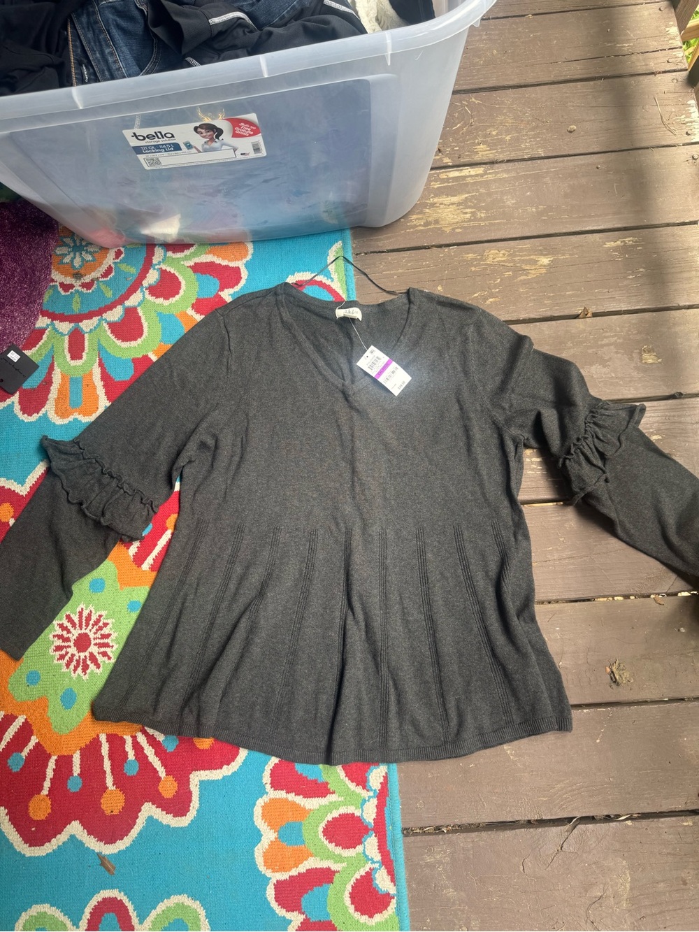 Style & Co. Charcoal V-Neck Pullover with Ruffle Sleeve Detail